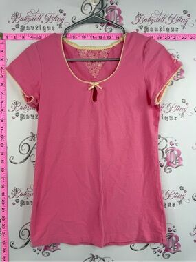 Jr T-shirt yellow lace bow y2k  Pink Short-Sleeve Knit Top with Lace Trim